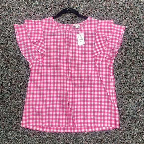 J. Crew Tops - NWT J. Crew Pink/White Gingham Flutter Sleeve Top Size M